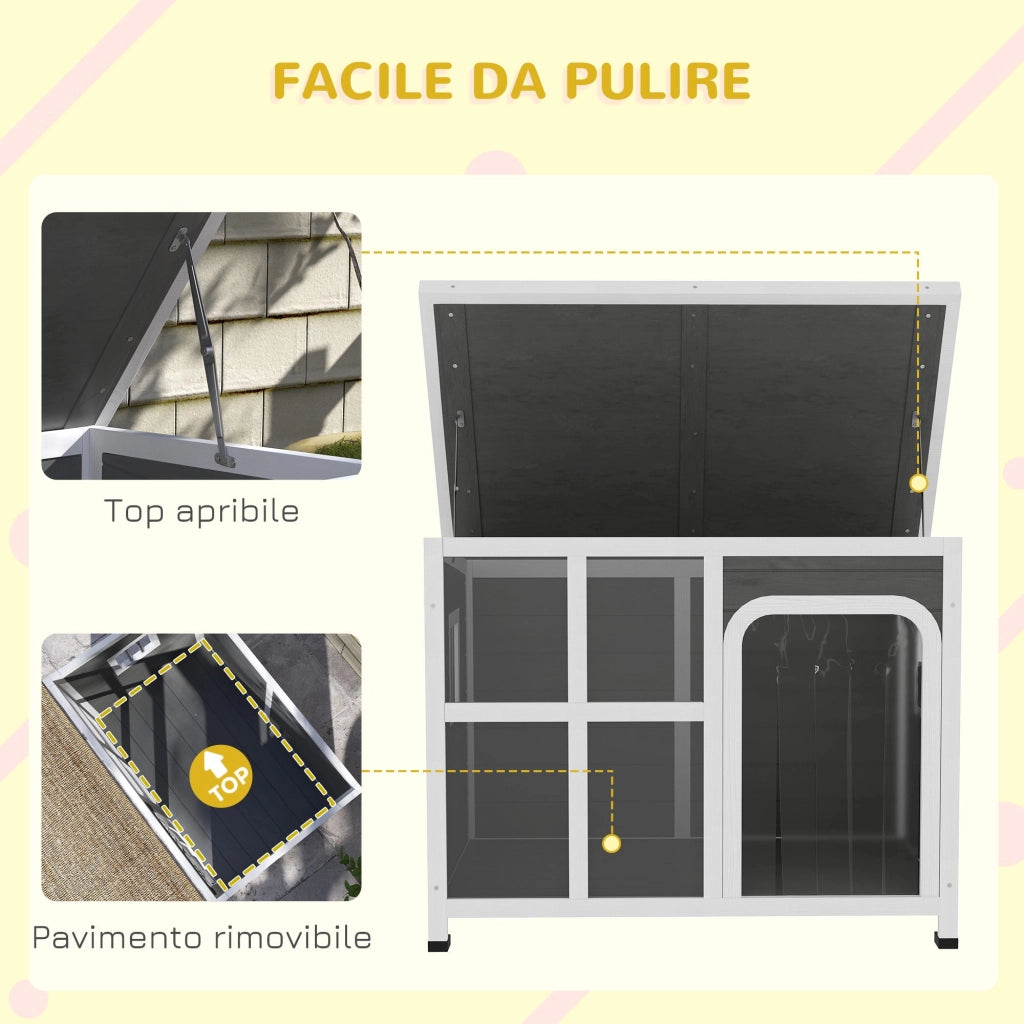 Cuccia per Cani di Taglia Piccola e Media 90x62x71 cm con Finestrelle e Ingresso a Tenda in Legno di Abete Grigio Chiaro