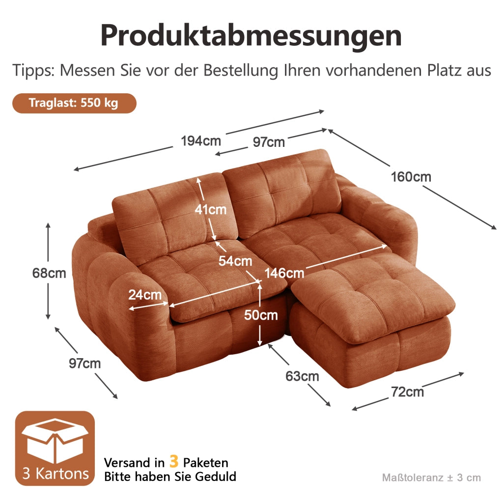 Divano modulare 2 posti con pouf; in chenille arancione; 194 × 160 × 68 cm