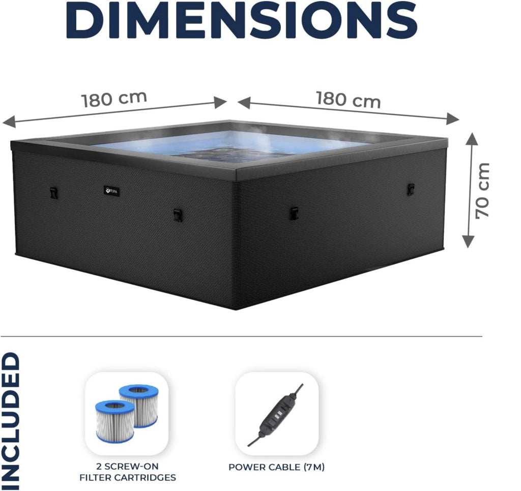 Piscina Spa Vasca Semi-Rigida 180x180x70 cm 6 Posti Riscaldamento Integrato Struttura in Schiuma NetSpa Celestia Nero