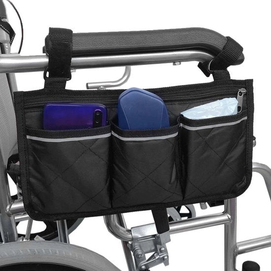 Carrello per sedie a rotelle con 3 contenitori e tasca riflettente per braccio per utenti di sedie a rotelle