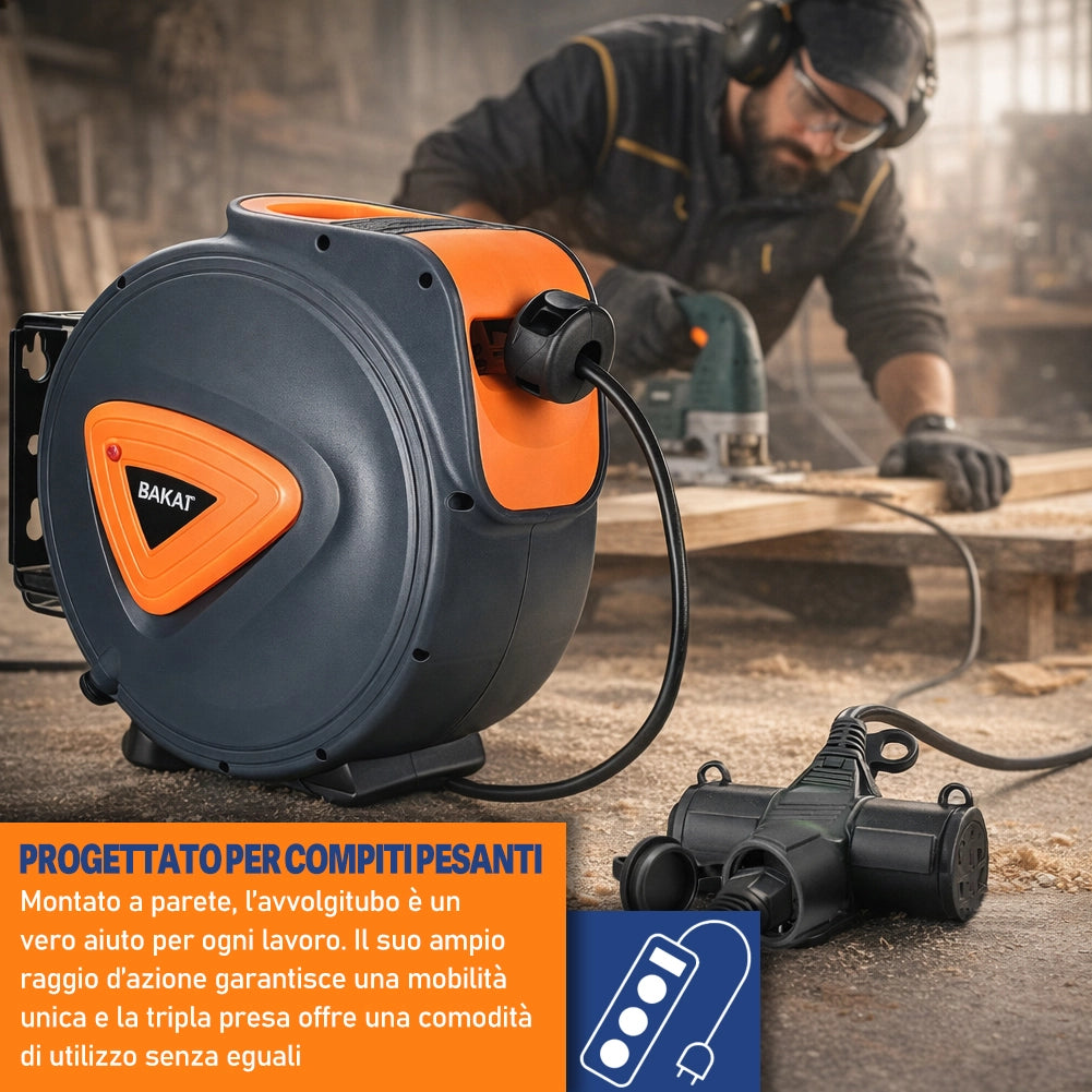 Avvolgicavo Elettrico IP20 10 Metri Rotante a 180° con Multipresa a 3 Teste e Guanti Nero e Arancione