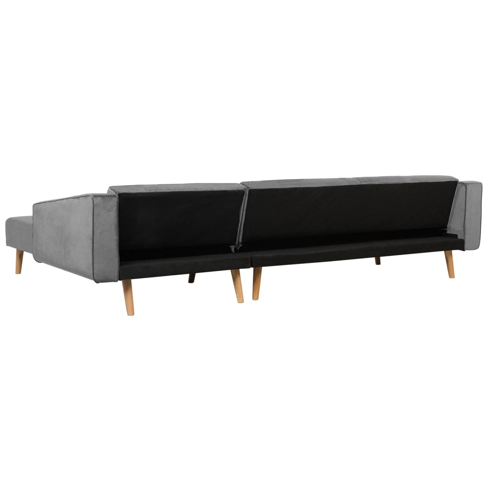 Divano letto ad angolo con 3 cuscini Rivestimento in velluto grigio Gambe in legno chiaro Chaise longue reclinabile sinistra a 4 posti
