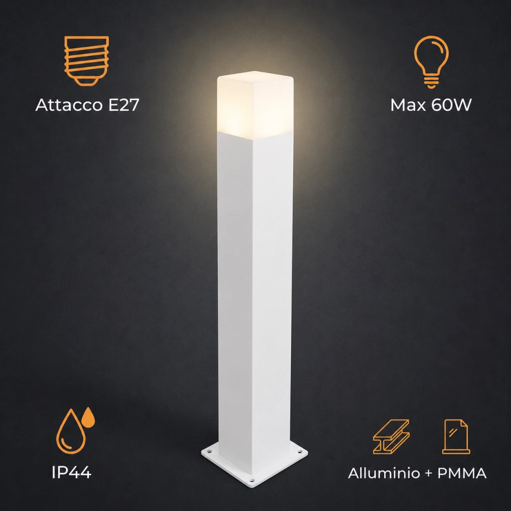 Lampioncino da Giardino E27 bianco 74 cm Paletto Luce Esterno Moderno per Vialetti e Ingressi Attacco E27 Alluminio Diffusore Opaco IP44