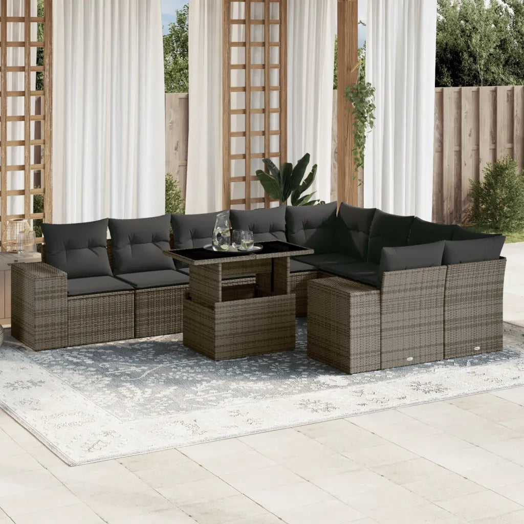 Set Divano da Giardino 10 pz con Cuscini Grigio in Polyrattan