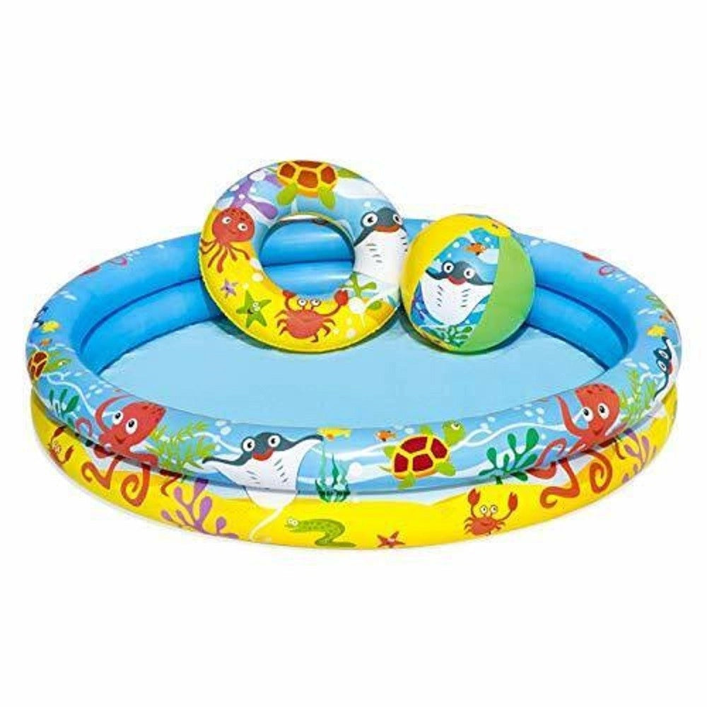 Trade Shop - Set Piscina Gonfiabile A 2 Anelli Per Bambini 122x20 Cm Con Palla Salvagente 51124 -