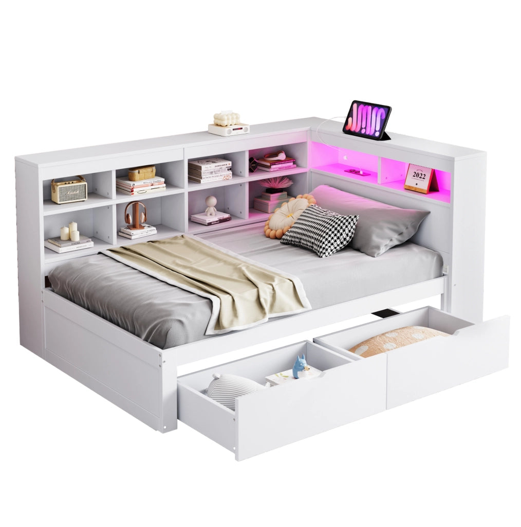 Letto 90x200 cm con contenitori; cassetti; USB e LED in legno