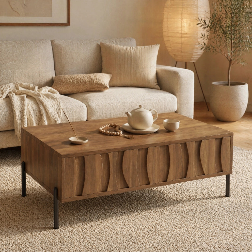 Tavolino da caffè con 2 cassetti e piano aperto per salotto, stile retrò, in MDF e truciolare, naturale, 105 × 55 × 41 cm