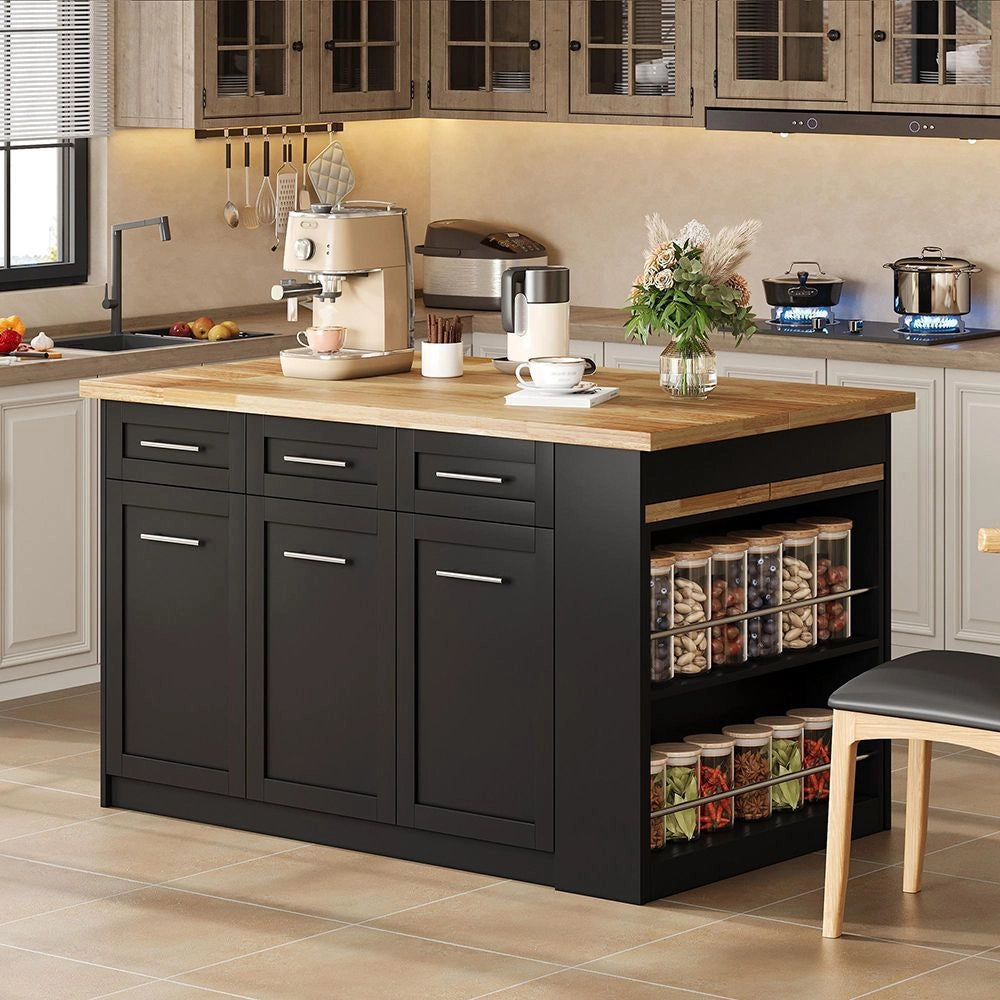 ?lot de cucina multifunzionale - Xylo - 150x96 cm - Nero - Tavola allungabile, piano laminato legno, armadi integrati