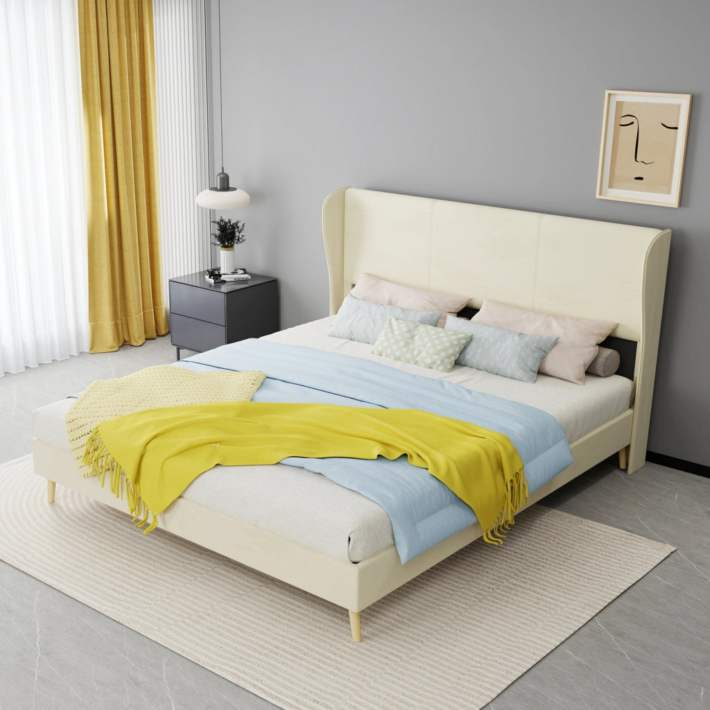 DESMIU Letto matrimoniale 160 × 200 cm 2 posti con testiera, senza materasso, in tessuto e metallo, beige
