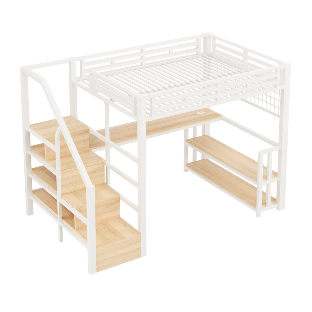 Letto a Soppalco con Scrivania e LED ¨C MINIMAL ¨C Bianco, 140x200, Metallo