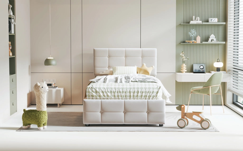Letto imbottito per bambini 90x200 cm in velluto, con contenitore idraulico, testiera regolabile, beige