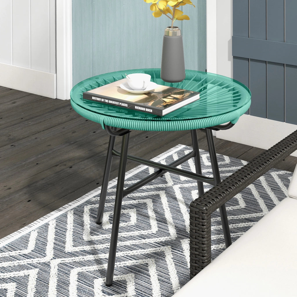 Tavolino da giardino rotondo in resina effetto rattan con piano in vetro temperato e gambe in metallo ¨C Minimal ¨C ?50xH50 cm