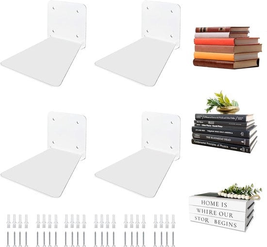 Libreria a muro sfalsata - moderno supporto per libri - 4 pezzi - bianco - metallo