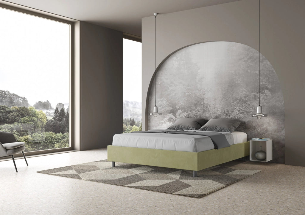 BS COM Letto queen size con rete imbottito 150x190 microfibra tè verde