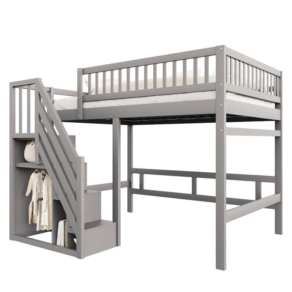 Letto a soppalco in legno massello con scala contenitore e recinzione alta; grigio; 140x200 cm; senza materasso