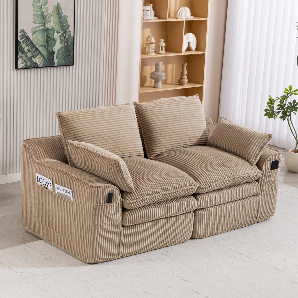 Divano lineare 2 posti - con tasche laterali e cuscini - in velluto a coste - khaki