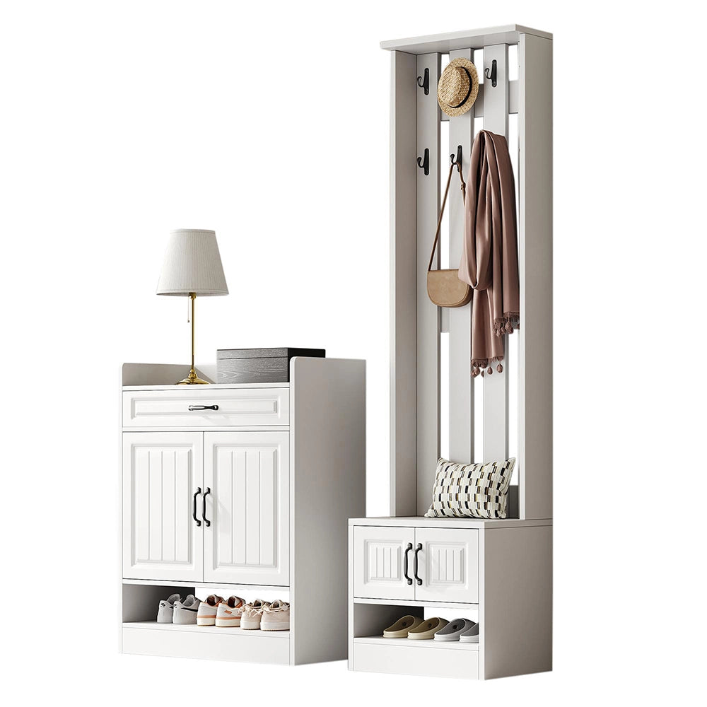 Set ingresso completo - Xylo - con armadio, panchina e appendiabiti, 8 ganci, 4 ante, 1 cassetto, 125x36x190 cm