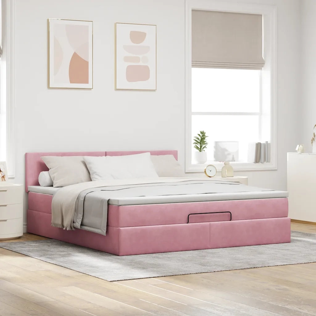 Struttura Letto Pouf con Materasso Rosa 160x200 cm in Velluto 3311716