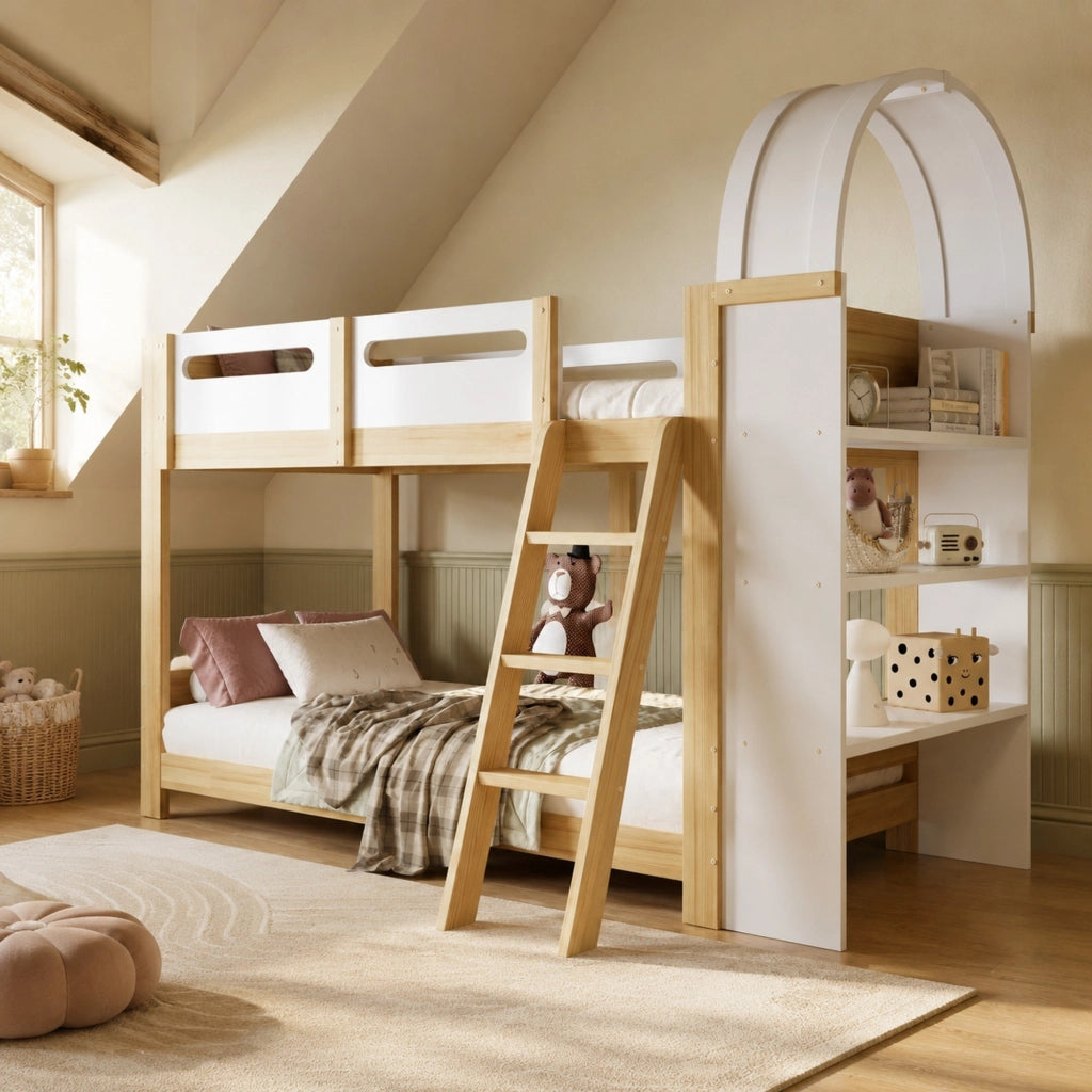 Letto a castello per bambini con scaffale a tre livelli, scaletta a tre gradini e spondina di sicurezza, 90x200 cm, bianco/naturale