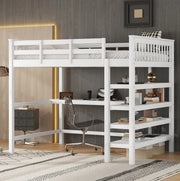 Letto a soppalco 140x200 con scrivania e scaffali, bianco
