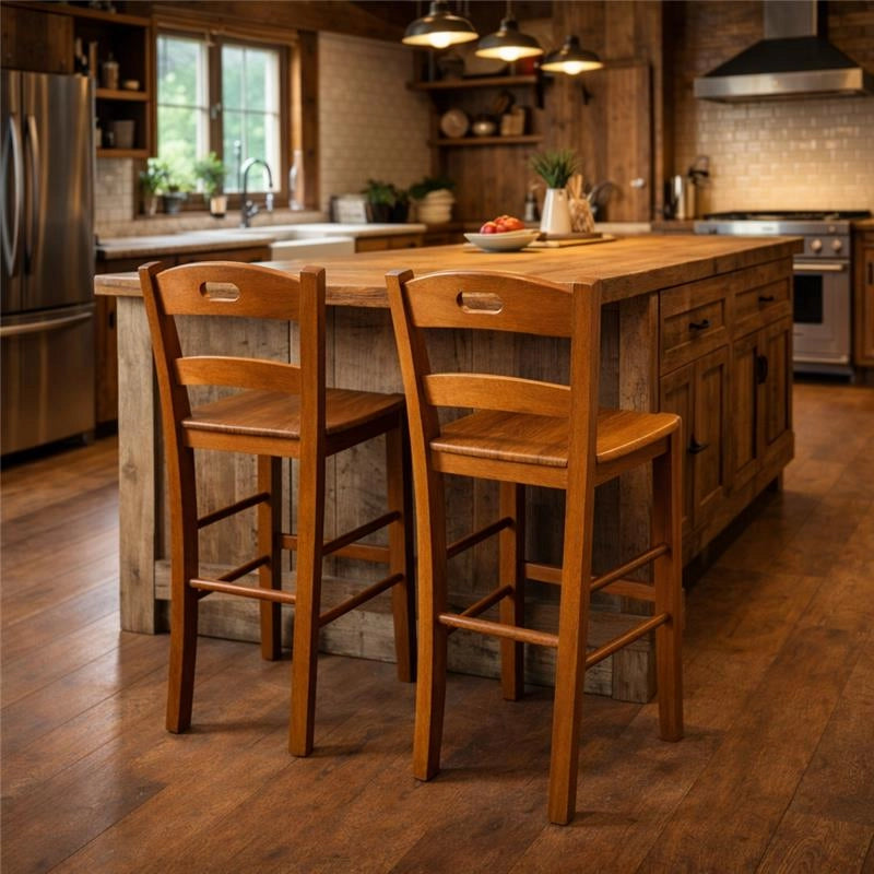 SET 4PZ SGABELLI SNACK CON SEDUTA COMPATTA IN MATERIALE MASSELLO COLORE NOCE  39X38X90CM STILE CLASSICO