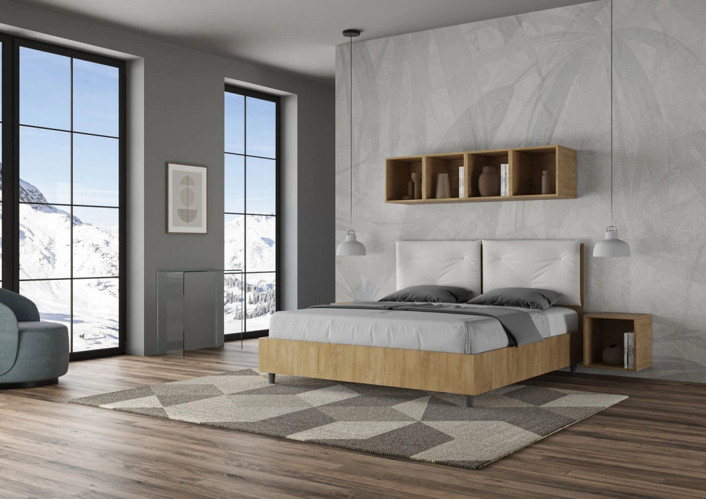 BS COM Letto matrimoniale contenitore 160x190 Quercia cuscini similpelle bianco