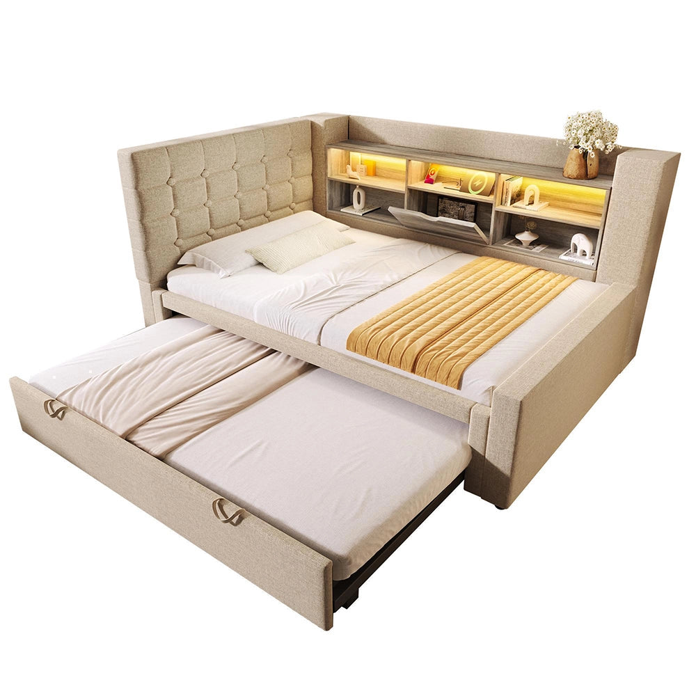Letto imbottito con letto a scomparsa - Xylo - 90x200 cm - Beige - LED, testiera a L con spazio di archiviazione