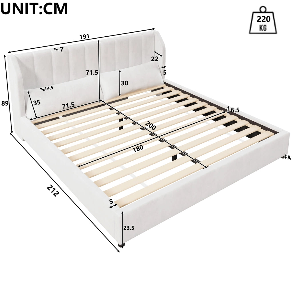 DESMIU Letto matrimoniale 180 × 200 cm 2 posti con testiera imbottita, 2 cuscini, senza materasso, beige