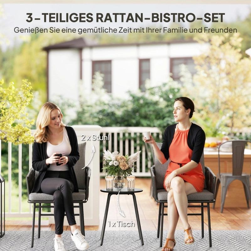 Set da bistrot in rattan composto da 3 pezzi, con sedute, set di mobili da giardino con 2 sedie da giardino, tavolino, cuscini sfoderabili, set di