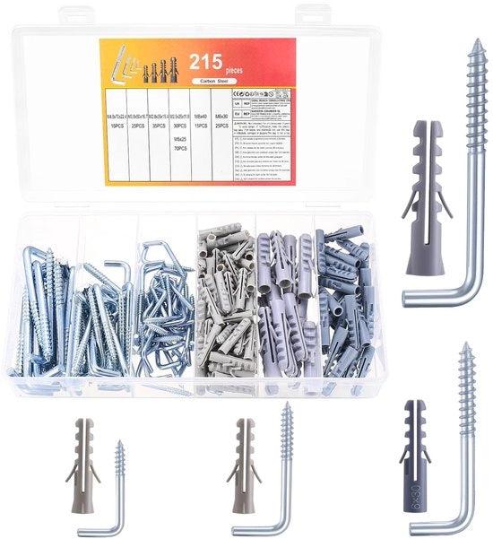 215 pezzi di chiodi a muro, chiodi da soffitto, chiodi a L, chiodi da soffitto con spugne, chiodi con viti autoalimentanti per l'appendere piante, illuminazione, vasi, ufficio, casa
