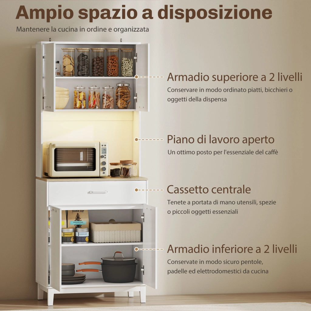 Credenza Moderna 71x40x180 cm con Luci LED Prese Elettriche e USB 2 Armadietti e Cassetto Bianco