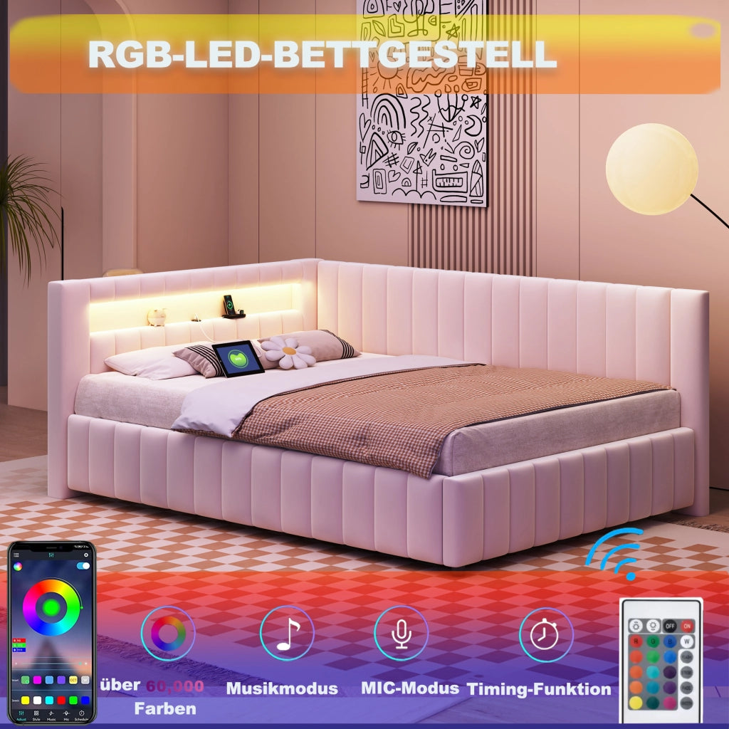 LETTO imbottito L 140x200 cm in velluto beige con LED e USB