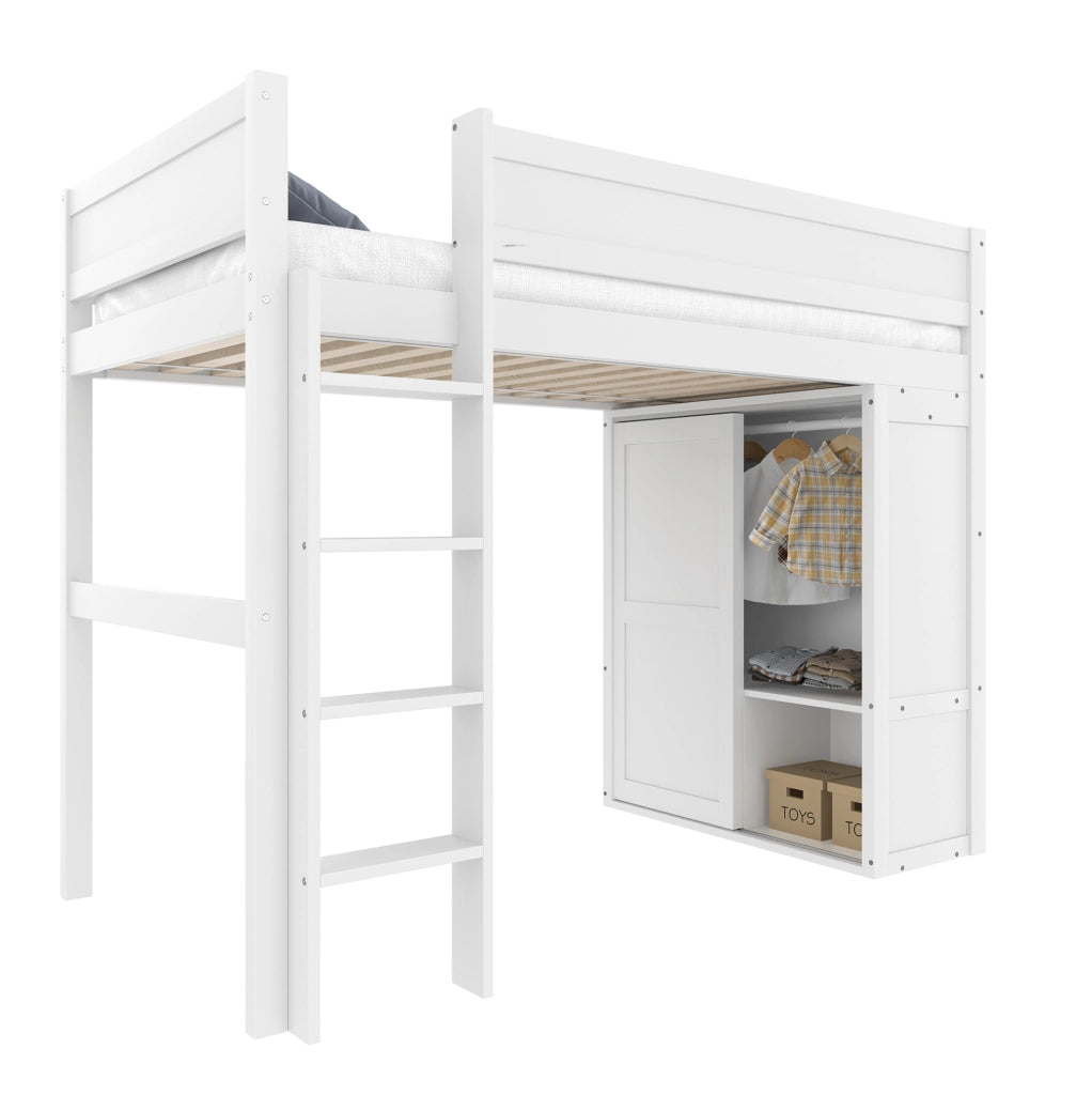 Letto a soppalco 90x200 cm con armadio e vano contenitore in legno e MDF bianco