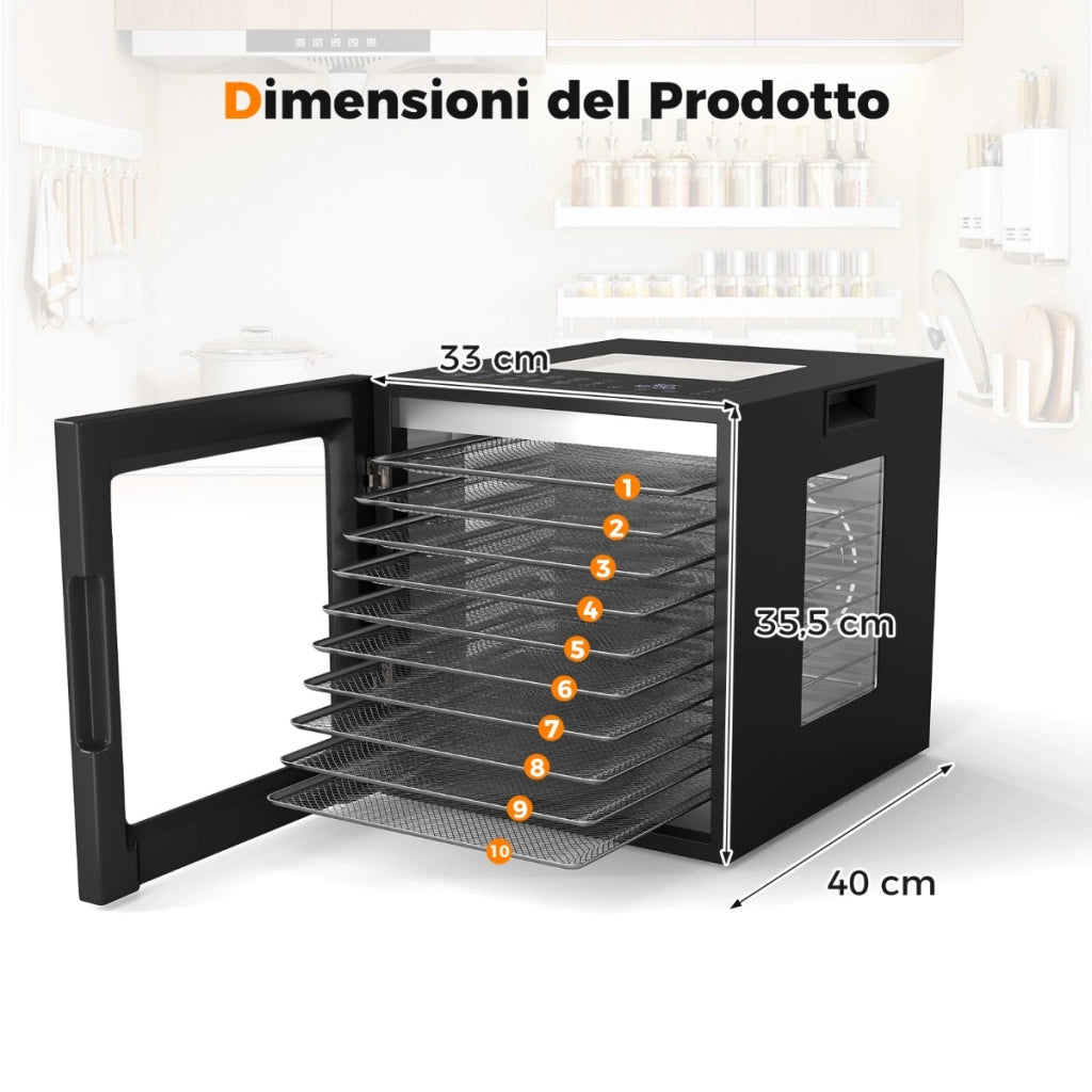 Disidratatore per cibo essiccatore in acciaio inox con 10 vassoi, Macchina essiccatore con 10 programmi preimpostati timer 48 ore e temperatura da 30-75 Nero