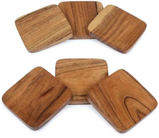 Set di 6 piastre in legno di acacia artigianale per uso domestico e ufficio, piastre per tazze da caffè, piastre per bicchieri, piastre per tazze | 10 x 10 cm