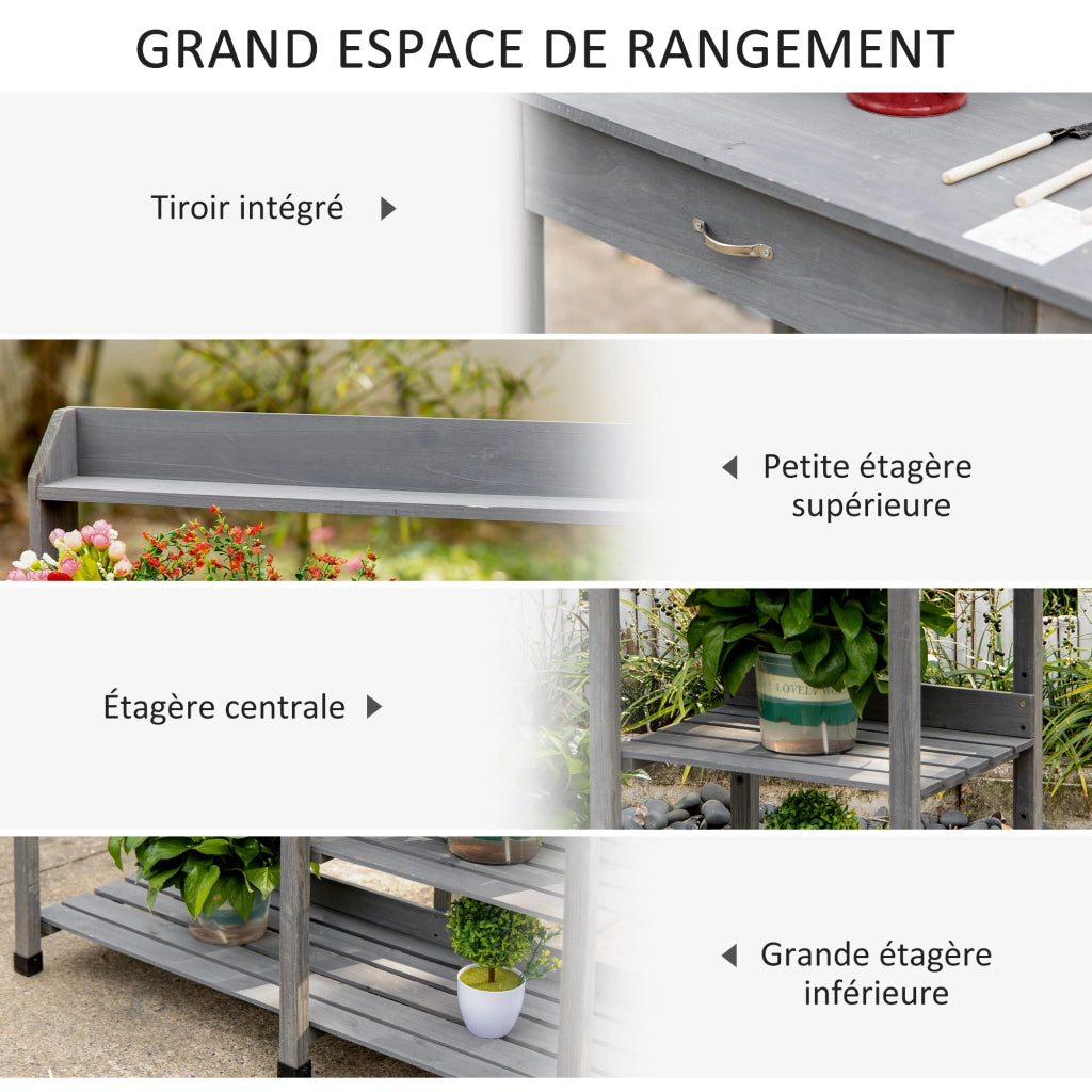 Tavolo da giardino per piante ¨C Xylo ¨C legno di pino grigio con cassetto, 3 ripiani, lavello