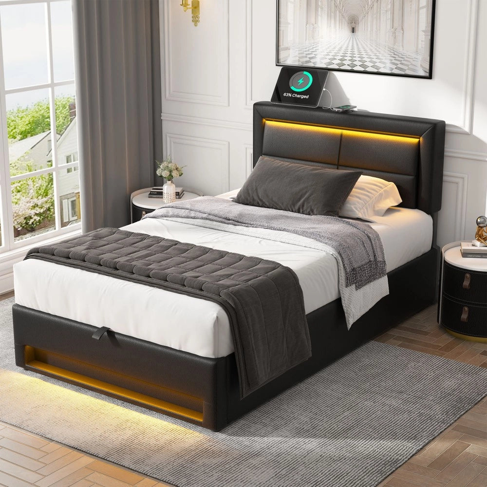 Letto Imbottito con LED e Contenitore ¨C MINIMAL ¨C 90x200, USB, Similpelle Nero