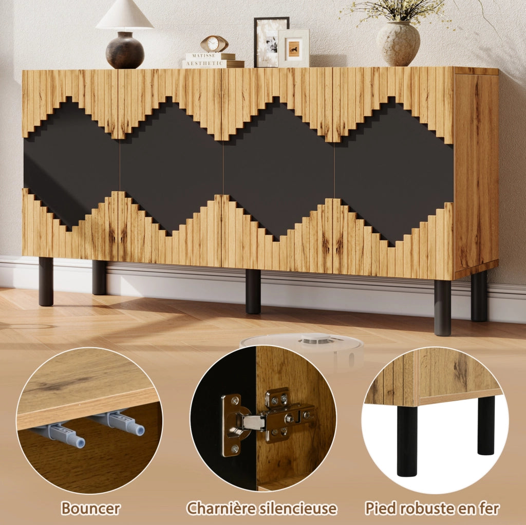 Mobile contenitore con 4 ante push-open 140x40x70 cm in MDF e truciolare; naturale e nero