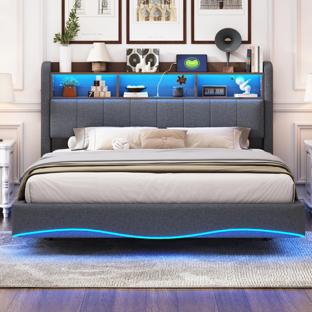 Letto imbottito sospeso 160x200 cm con LED; porte USB e Type-C; grigio