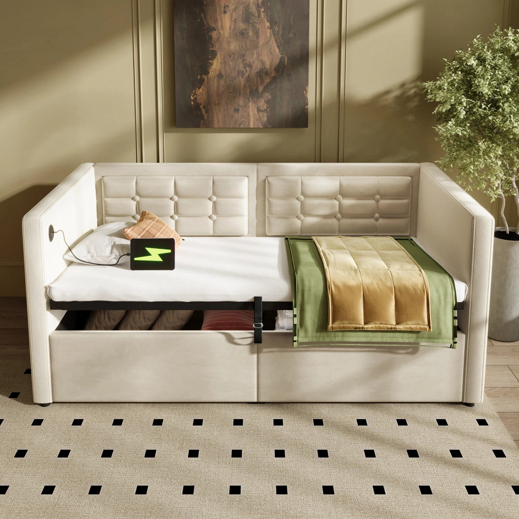 Letto a Divanetto 90 x 200 cm; Letto Singolo - Contenitore; USB e Type-C - Beige