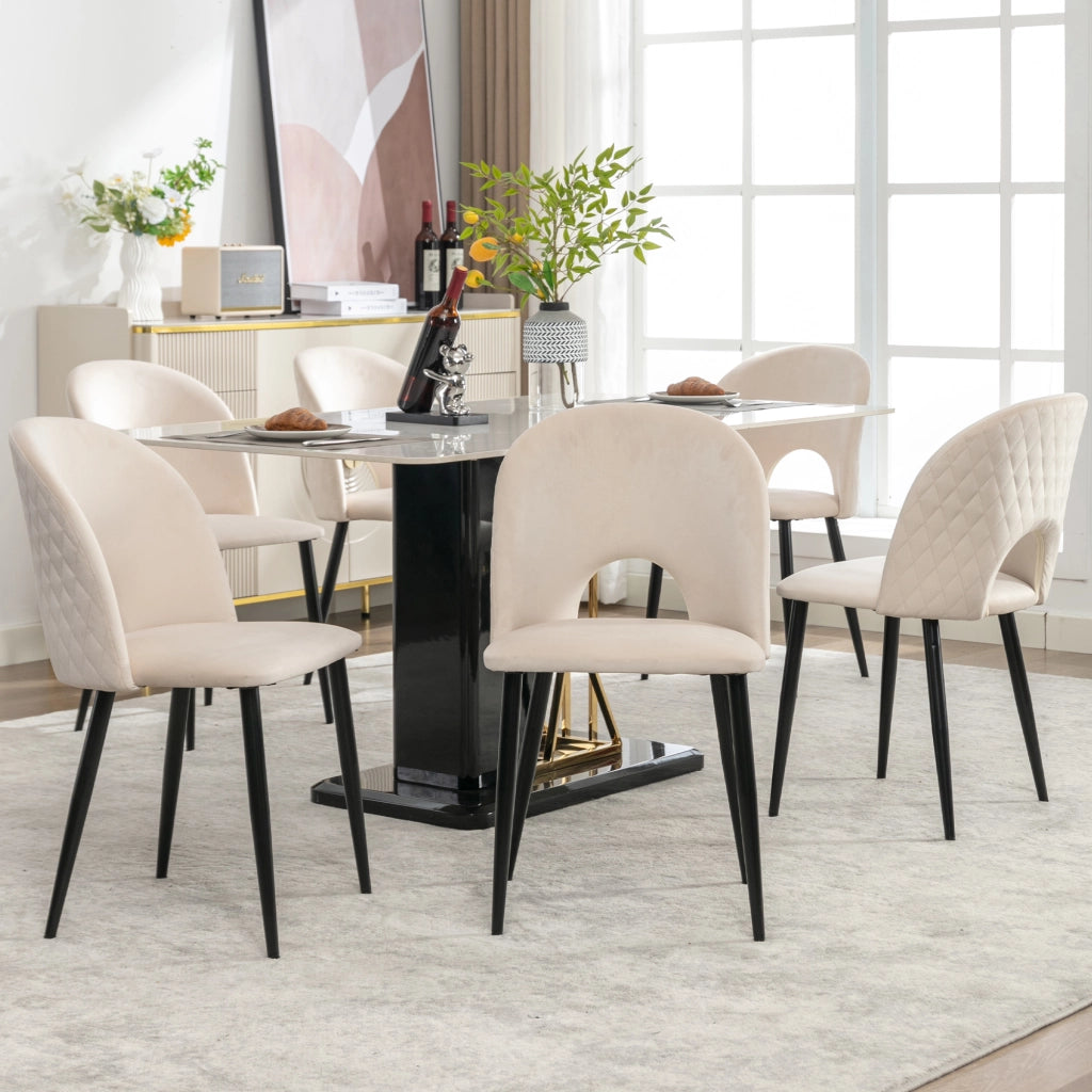 Set di 6 sedie da pranzo con schienale trapuntato e piedi regolabili in velluto beige