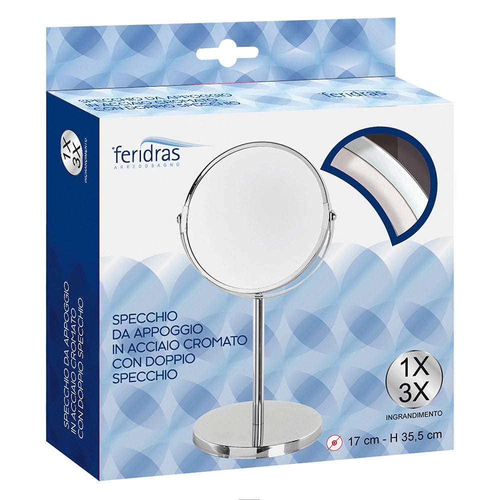 Specchio beauty da appoggio in acciaio cromato con ingrandimento 3x