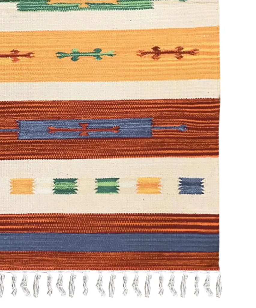 Tappeto KELIM 04 disegni etnici orientali colori vivaci cm.90x150 tessuto e frangia 100% cotone, lavabile in lavatrice