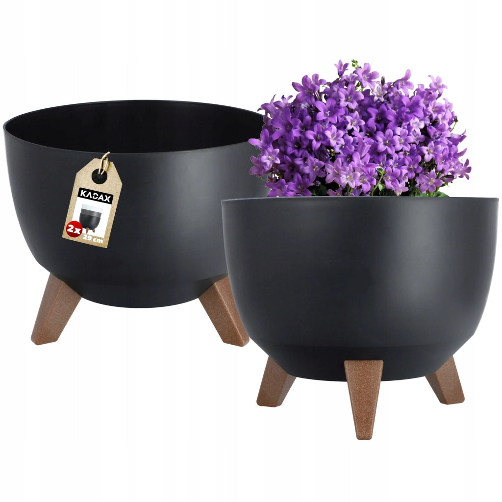 Vaso da fiori KADAX, fioriera, coperchio, gambe, inserto, supporto per fiori, 29 cm, nero, rotondo, 2 pezzi.