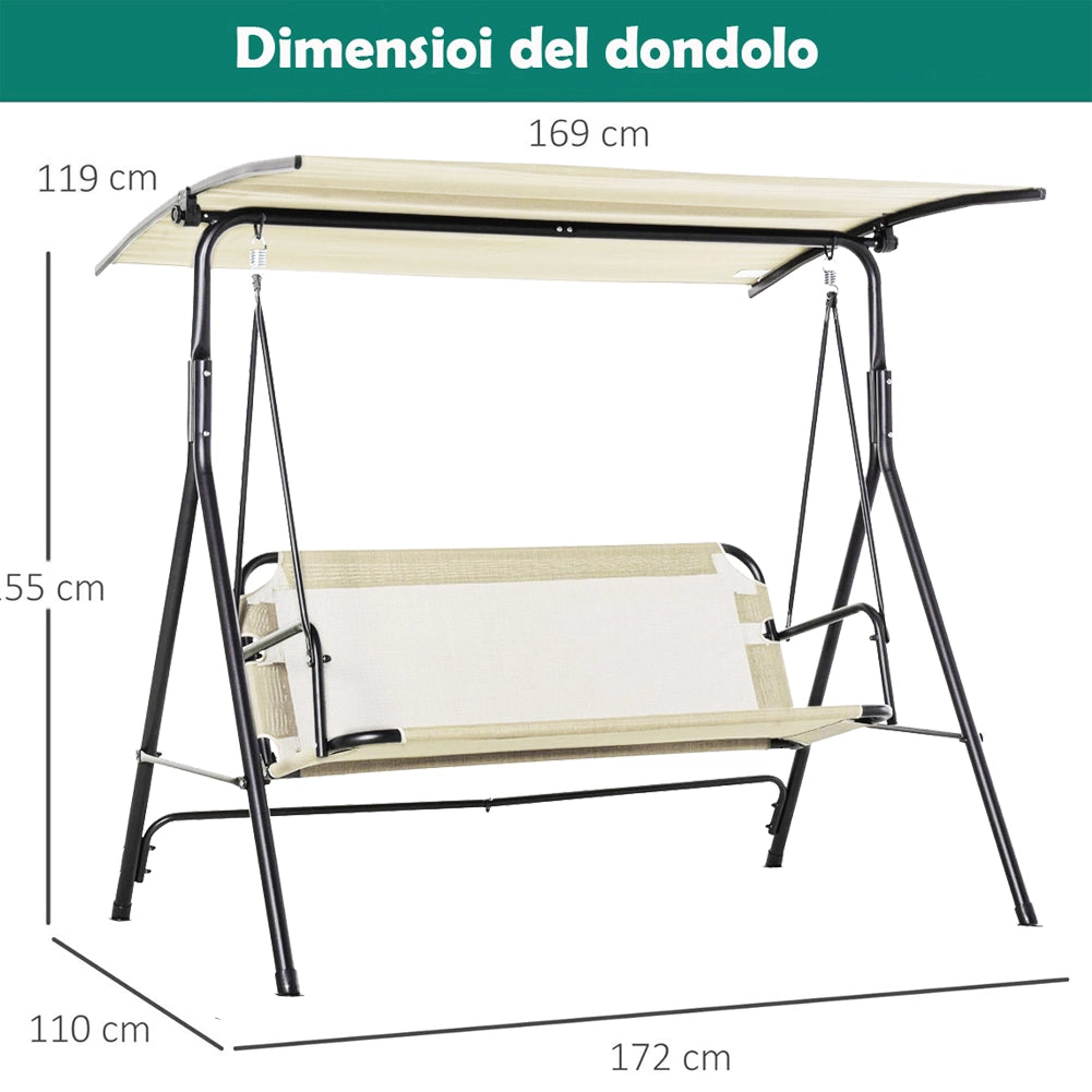 Dondolo da Giardino 3 Posti 172cm Tettuccio Regolabile Impermeabile Struttura Acciaio Beige