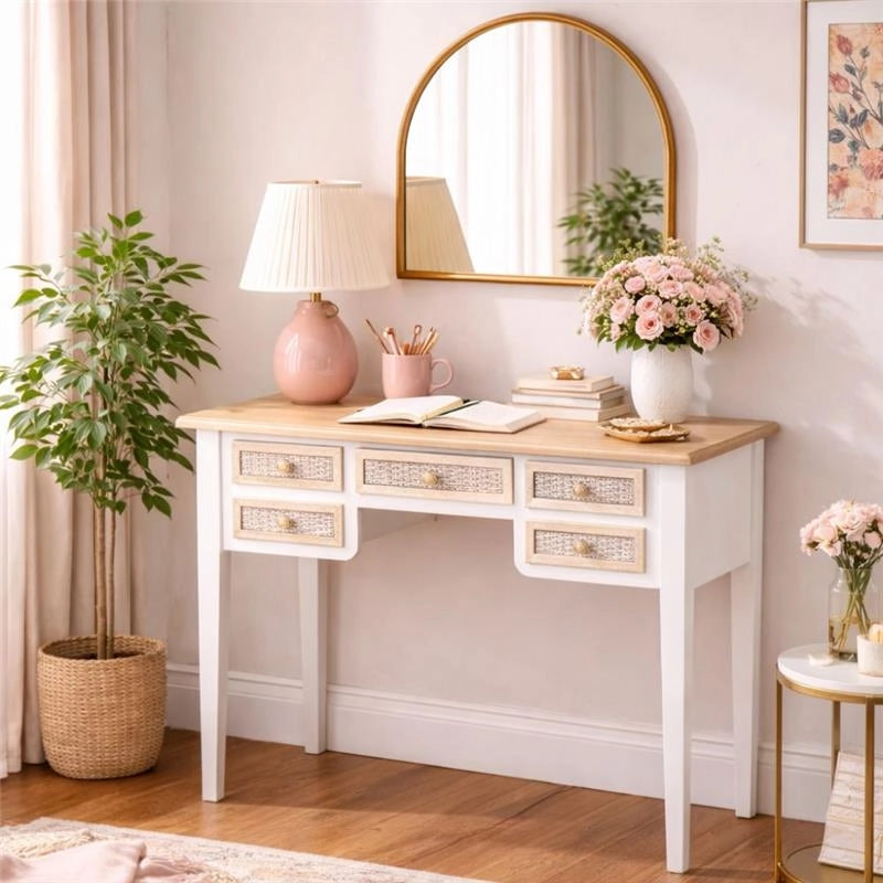 MA MAISON SCRIVANIA BIANCA IN LEGNO 90X40X79 CM CON 5 CASSETTI, SCRITTOIO ELEGANTE STILE SHABBY CHARM PER STUDIO E CAMERA