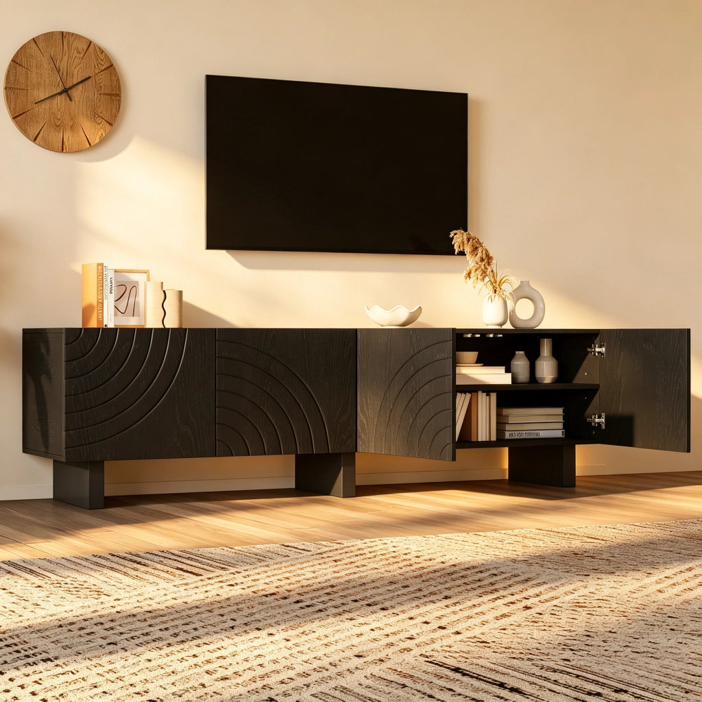 Mobile TV con 4 ante; per soggiorno; in pannello truciolare; 180×40×55 cm; nero