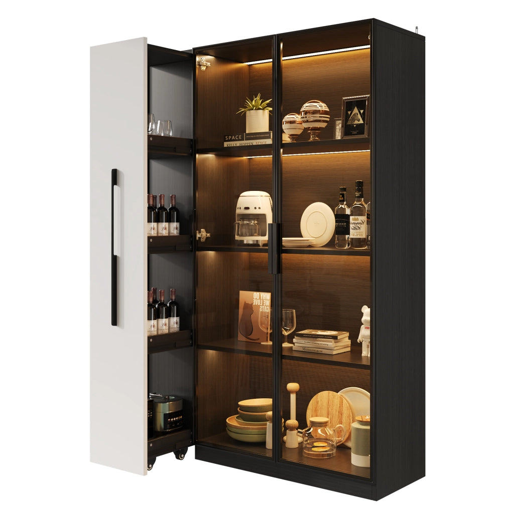 Vetrina 110.5x35x160 cm con LED e vano estraibile laterale in MDF e vetro nero