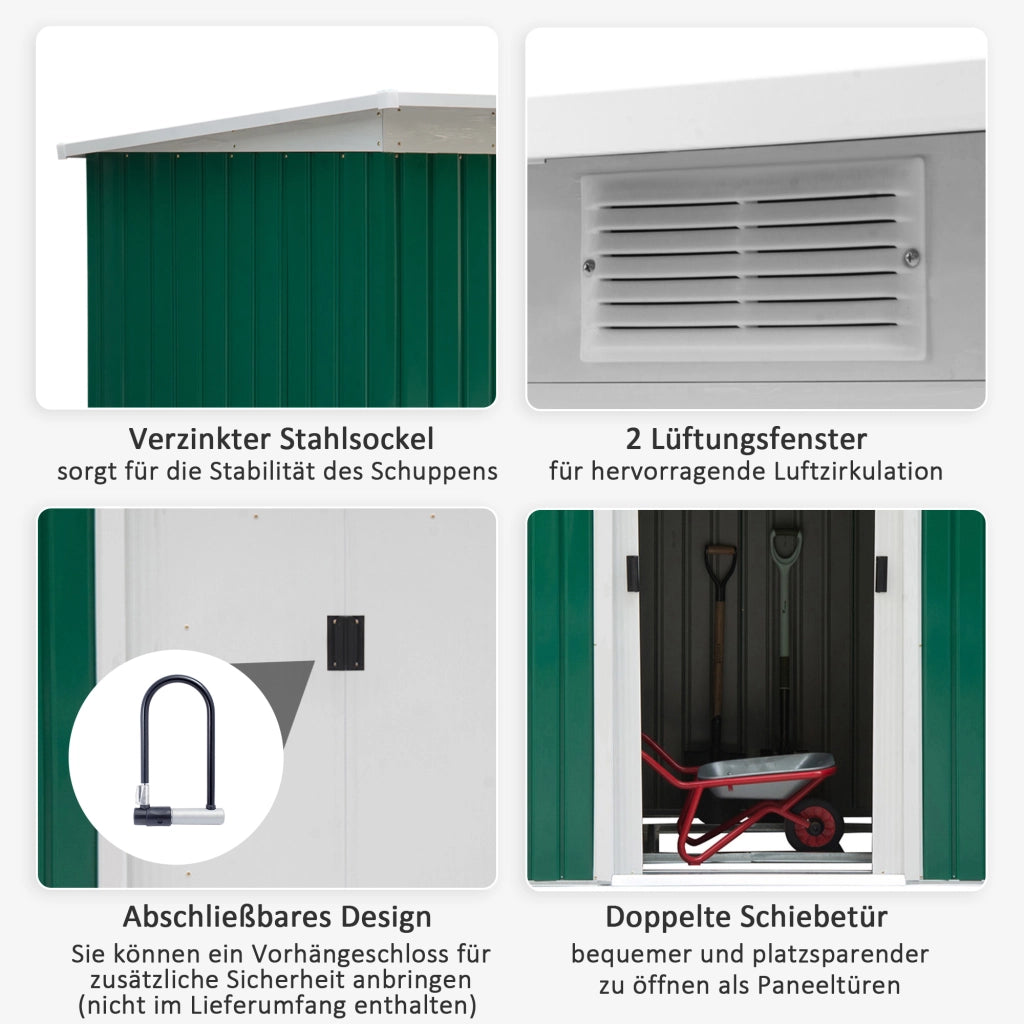 Capanno da giardino; capanno da giardino; capanno da giardino con porta scorrevole; finestra di ventilazione; tetto monopendio; esterno; acciaio; verde scuro; 280 x 130 x 172 cm