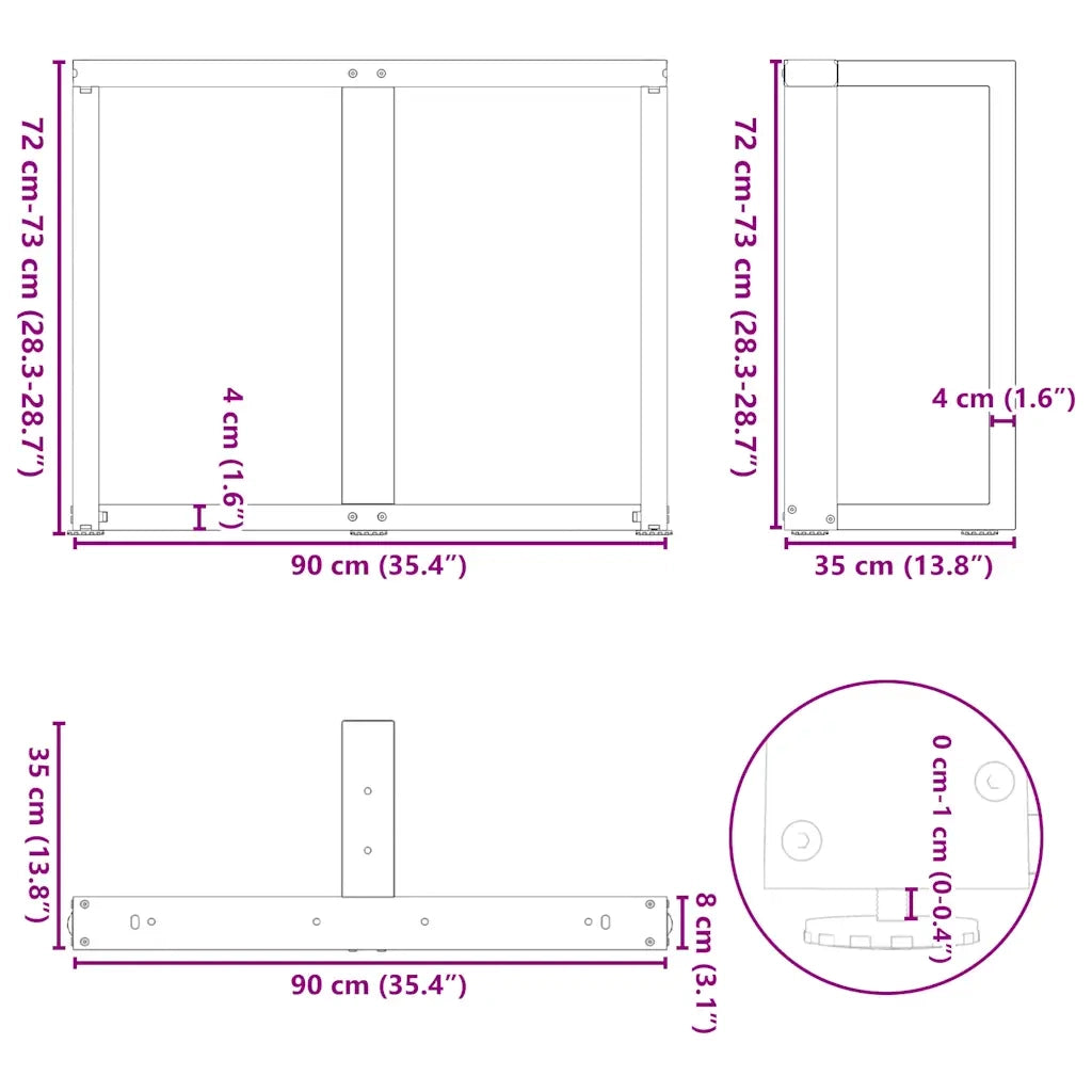 Gambe per tavolo da pranzo a forma di T 2 pz | Piede del tavolo bianche 90x35x(72-73) cm in acciaio